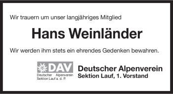 Traueranzeige von Hans Weinländer von Pegnitz-Zeitung